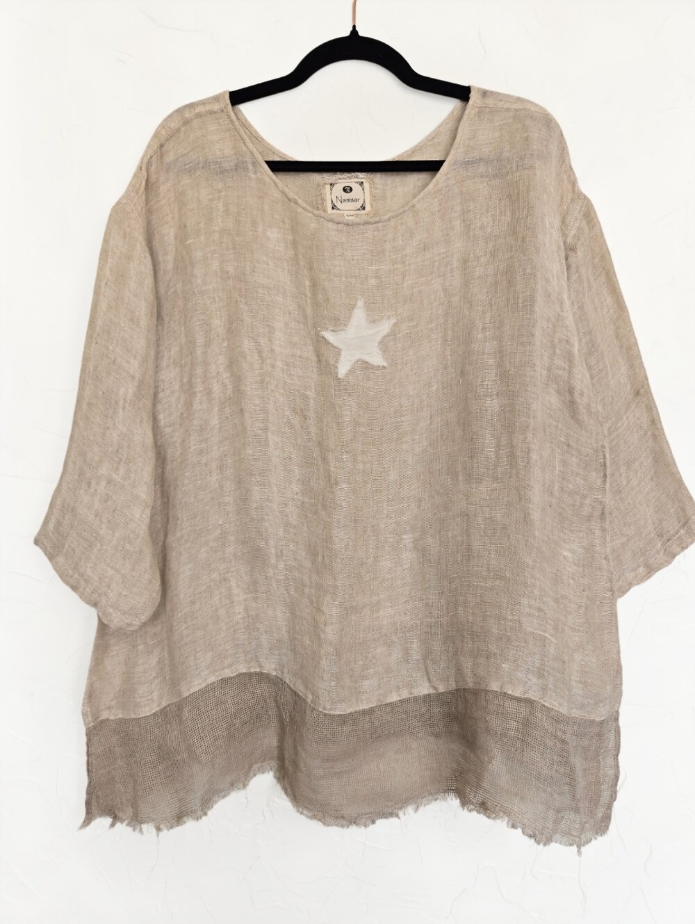 Namsar Linen Natural Star Tan Cream Oversized Tunic Top, S/M